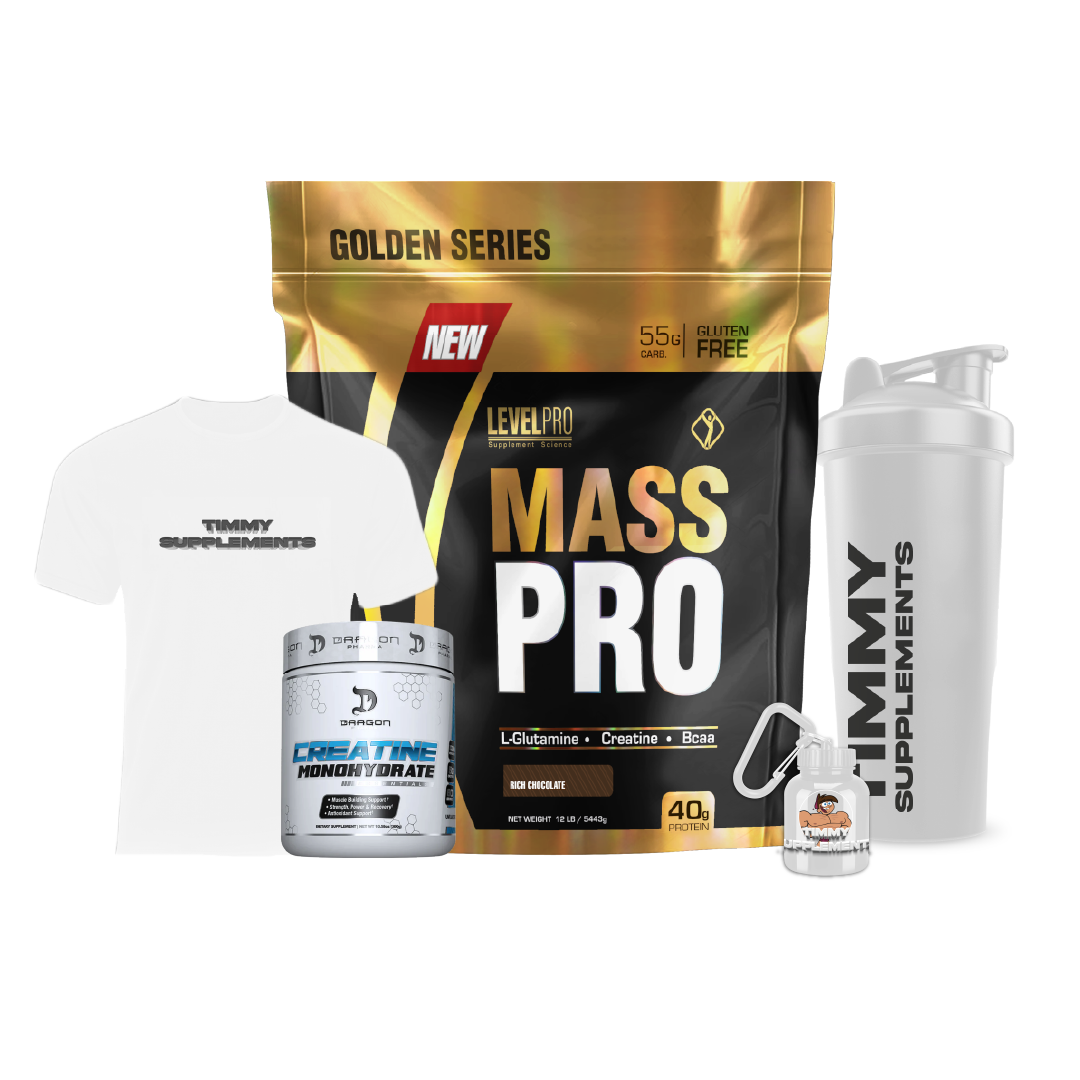 PACK LEVEL PRO MASS + Polo Timmy Supplements + SHAKER O PORTAPROTEINA