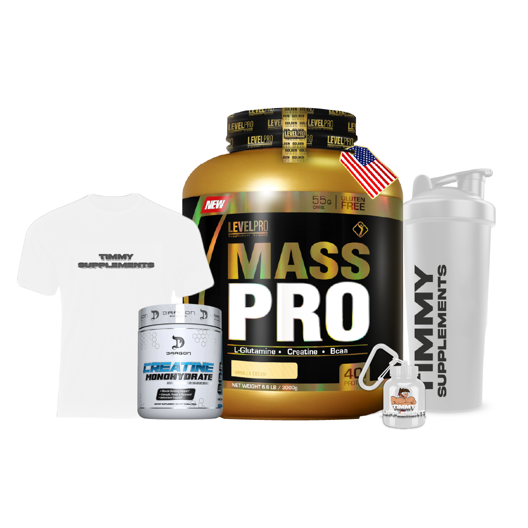 PACK LEVEL PRO MASS + Polo Timmy Supplements + SHAKER O PORTAPROTEINA